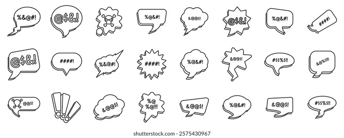 Swear speech bubble icons set. Collection of speech bubbles with censored curse words expressing anger and frustration