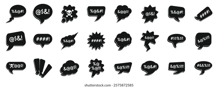 Swear speech bubble icons set. Collection of black cursing icons expressing negative emotions and strong disapproval, using various symbols and speech bubbles