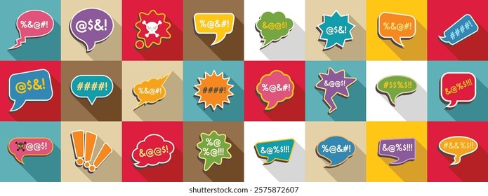 Swear speech bubble icons set. Colorful swearing speech bubbles exploding with symbols, punctuation marks, and curse words, expressing anger and frustration in a vibrant and dynamic way