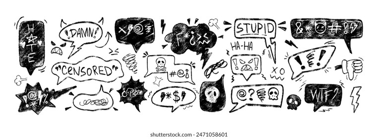 Swear speech bubble set with bad words, curses, expletives, angry emoji in crayon grunge retro doodle style. Hand drawn black charcoal pencil swearwords for angry, rude, negative expression, mad mood.