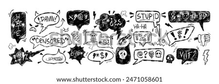 Swear speech bubble set with bad words, curses, expletives, angry emoji in crayon grunge retro doodle style. Hand drawn black charcoal pencil swearwords for angry, rude, negative expression, mad mood.