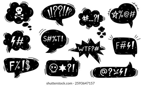 Swear word comic speech bubble set. Hand drawn vector doodle speech bubbles with the curses, insults, vulgar rage, swear word symbol and offensive language. Bad words in comic dialog box or frame