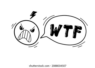 Swear word speech bubble and angry face. Curse, rude, swear word for bad, negative expression. Vector illustration in hand drawn doodle sketch style. 