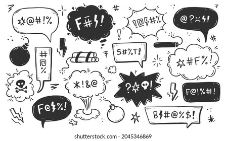 Swear word speech bubble set. Curse, rude, swear word for angry, bad, negative expression. Hand drawn doodle sketch style. Vector illustration.