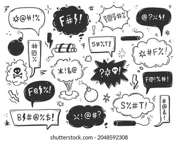 Swear word speech bubble set. Curse, rude, swear word for angry, bad, negative expression. Hand drawn doodle sketch style. Vector illustration.