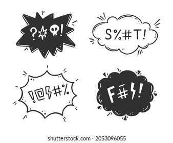 Swear word speech bubble set. Curse, rude, swear word for angry, bad, negative expression. Hand drawn doodle sketch style. Vector illustration.