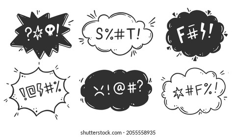 Swear word speech bubble set. Curse, rude, swear word for angry, bad, negative expression. Hand drawn doodle sketch style. Vector illustration.