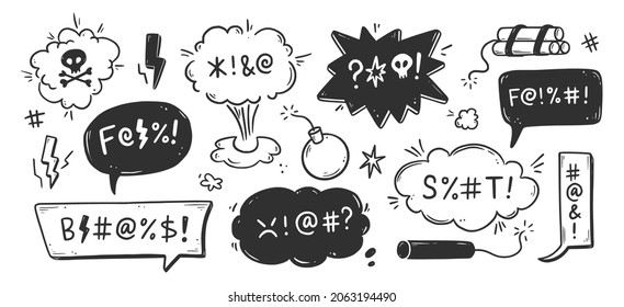 Swear word speech bubble set. Curse, rude, swear word for angry, bad, negative expression. Hand drawn doodle sketch style. Vector illustration.