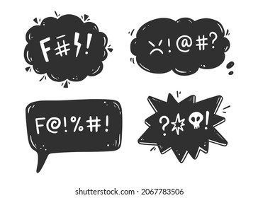 Swear word speech bubble set. Curse, rude, swear word for angry, bad, negative expression. Hand drawn doodle sketch style. Vector illustration.