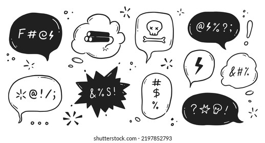 Swear word speech bubble set. Curse, rude, swear word for angry, bad, negative expression. Hand drawn doodle sketch style. Vector illustration