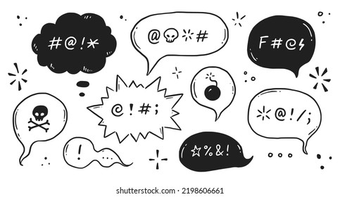 Swear word speech bubble set. Curse, rude, swear word for angry, bad, negative expression. Hand drawn doodle sketch style. Vector illustration