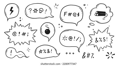 Swear word speech bubble set. Curse, rude, swear word for angry, bad, negative expression. Hand drawn doodle sketch style. Vector illustration