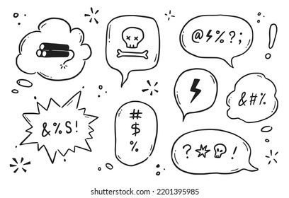 Swear word speech bubble set. Curse, rude, swear word for angry, bad, negative expression. Hand drawn doodle sketch style. Vector illustration