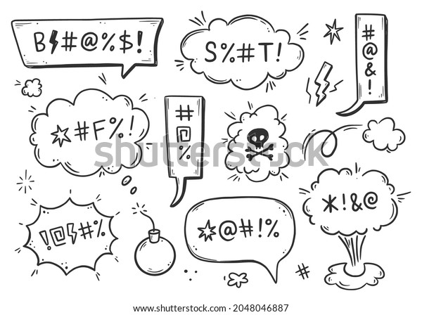 Swear word speech bubble set. Curse, rude,\
swear word for angry, bad, negative expression. Hand drawn doodle\
sketch style. Vector\
illustration.