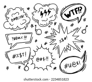 Swear Word Speech Bubble Signs Thin Line Set. Vector illustration of Aggressive Expression or Angry Words