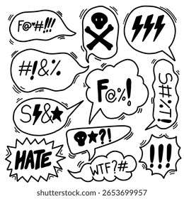Conjunto de vetores de balões de fala de palavra jurada. Clipart de vetor de bolhas de fala expletivas cômicas isolado em estilo doodle no fundo branco