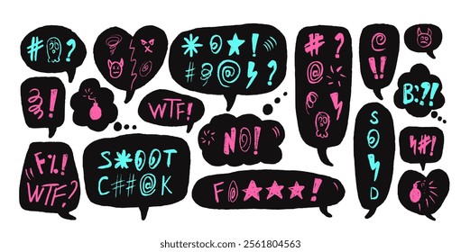 Swear words speech bubbles. Curse crayon doodle text. Bad emotion expression on chat dialog boxes. Aggressive swearwords isolated on white background. Vector freehand drawn illustration