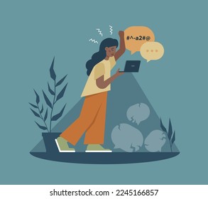 Swearing bad habit. Angry woman cursing, character with unhealthy lifestyle pattern. Flat vector illustration