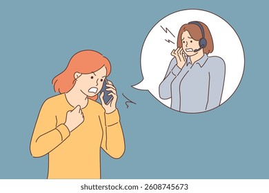 Swearing at call center operator is done by angry female user with phone who received poor quality services. Call center operator listens to negative feedback from client in need of help.