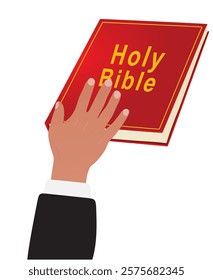 Swearing concept. Hand on Holy Bible. vector