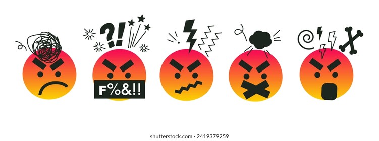 Emoji-Kollektion schwören. Ein Set mit Vektorgrafikgradienten wütende Gesichter, Objekte, Effekte. Sprich Worte! Harte Stimmung. Negatives Denken auf weißem Hintergrund