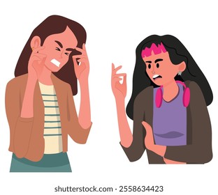 Swearing isolated cartoon vector illustration. Irritated angry girl cursing and spreading hands, mom covering her ears, teenager bad habit, swearing addiction, filthy language vector cartoon.