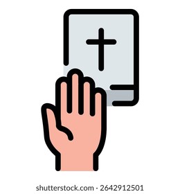 Jurando um ícone de juramento ilustração de estilo de linha plana representando declarações formais e afirmações legais, adequado para projetos relacionados a tribunais, jurídicos e governamentais