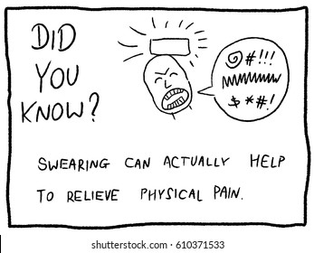 Swearing as pain relief - fun trivia cartoon doodle concept. Newspaper funny comic fact.