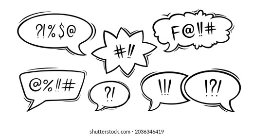 Swearing Speech Bubble Censored With Symbols. Hand Drawn Swear Words In Text Bubbles To Express Exclamation And Harsh Mood. Vector Illustration Isolated In White Background