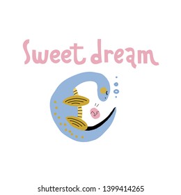 Sweat dream lettering quote. Vector flat hand drawn print with Loch Ness Monster Nessie sleeping with egg.