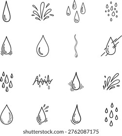 Sweat Drops doodle line art collection. Includes line art symbols water, drop, tear, rain, liquid and more. Isolated doodles. Water drop doodle set. Minimalist doodles pack.