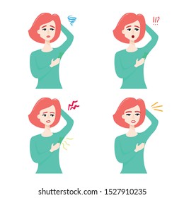 Sweat, Hyperhidrosis, Hygiene Concept. Girl With A Problem Of Wet Armpit From Sweat, Before And After. Vector Flat Cartoon Illustration