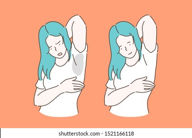 Sweat, hyperhidrosis, hygiene concept. Young woman or girl with a bad mood with a problem of wet armpit from sweat, before and after. Advertising a remedy for stains on clothing and odor for teenagers