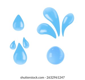 Sweat mark, water drop, tear 3D render vector illustration set. Blue water drop icon set. Cartoon realistic droplet logo shapes collection