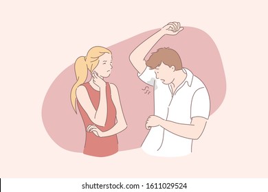 Sweat odor, wet armpit, bad smell, hyperhidrosis concept. Discomfort, heavy sweating, communication obstacle, grimacing woman and man with perspiration stain on shirt together. Simple flat vector