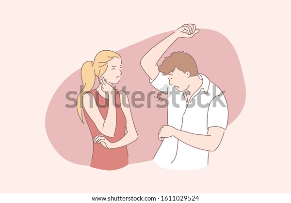 Sweat odor, wet armpit, bad smell, hyperhidrosis\
concept. Discomfort, heavy sweating, communication obstacle,\
grimacing woman and man with perspiration stain on shirt together.\
Simple flat vector