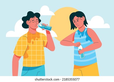 Sweat persons drink water on heat. Thirsty sport boy and girl with refreshing beverage bottles. Hot summer. Tired man and woman. Body hydration. Cooling liquid. Vector illustration