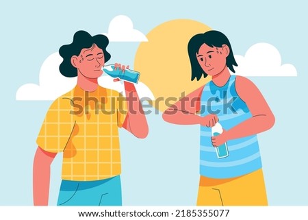 Sweat persons drink water on heat. Thirsty sport boy and girl with refreshing beverage bottles. Hot summer. Tired man and woman. Body hydration. Cooling liquid. Vector illustration