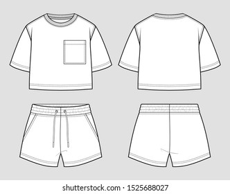 Sweat Set. Oversized T-shirt And Shorts. Vector Sketch. Mockup Template.