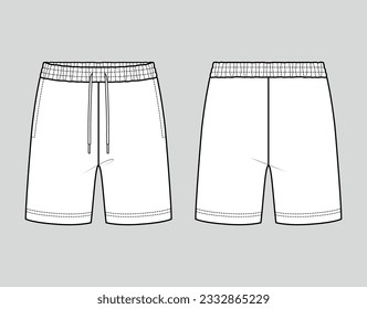 Sweat shorts with elastic waist. Unisex style. Vector technical sketch. Mockup template.