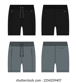 Sweat Shorts pant Moda técnica de dibujo de dibujo plano vector Ilustración de las vistas frontal y posterior de la plantilla de color negro y gris.