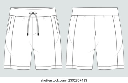 Sweat Shorts pant Technical drawing fashion flat sketch vector Illustration template front and back views.
