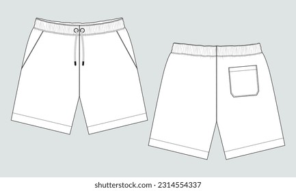 Sweat Shorts pant technical drawing fashion flat sketch vector illustration template for mens and boys. Apparel pant design front and back views isolated on Grey background

