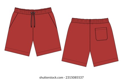  Sweat Shorts pant technical drawing fashion flat sketch vector illustration red color template front and back views
