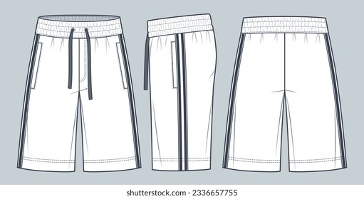 Moda técnica Sweat Shorts Ilustración. Planilla de dibujo técnico de moda Short Pants, vista frontal, lateral y trasera, bolsillo, rayas, cintura elástica, blanco, mujeres, hombres, conjunto de maquillaje CAD unisex.