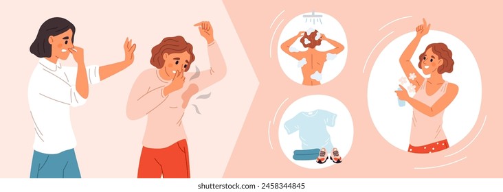 Sweat smell reason. Bad odor removal. Woman washes in shower. Body hygiene. Fresh clothes. Using deodorant for underarm. Sweaty girl. Disgust of smelling person. Garish