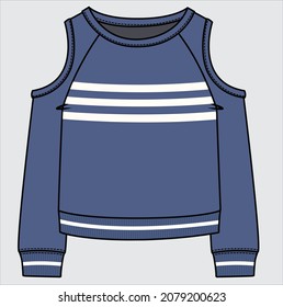 SWEAT TOP WITH COLD SHOULDER WTH TIPPING DETAIL FOR KID GIRLS AND TEEN GIRLS IN EDITABLE VECTOR FILE