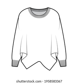 Sweater batwing sleeve technical fashion illustration with rib oval neck, oversized, hip length, knit trim. Flat garment apparel front, white color style. Women, men unisex CAD mockup