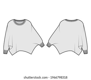 Sweater batwing sleeve technical fashion illustration with rib oval neck, oversized, hip length, knit trim. Flat garment apparel front, back, grey color style. Women, men unisex CAD mockup