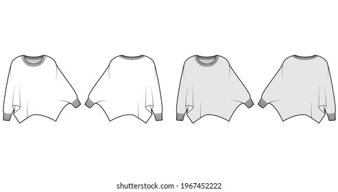 Sweater batwing sleeve technical fashion illustration with rib oval neck, oversized, hip length, knit trim. Flat garment apparel front, back, white grey color style. Women, men unisex CAD mockup